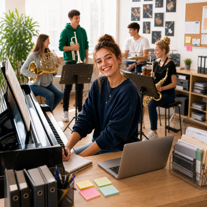 Zu sehen sind jungen Menschen in einer Musikschule