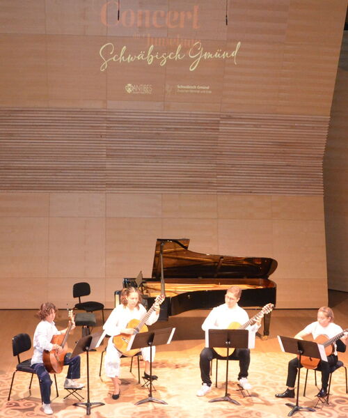 Zu sehen sind Gitarrenspielerinnen und Spieler der Musikschule im Konzertsaal von Antibes