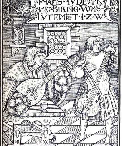 Zu sehen ist ein altes Poster mit dem Titel Hans Judenkünig, auf welchem zwei Männer mit Musikinstrumenten spielen.