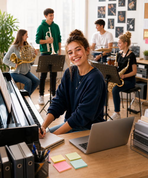 Zu sehen sind jungen Menschen in einer Musikschule